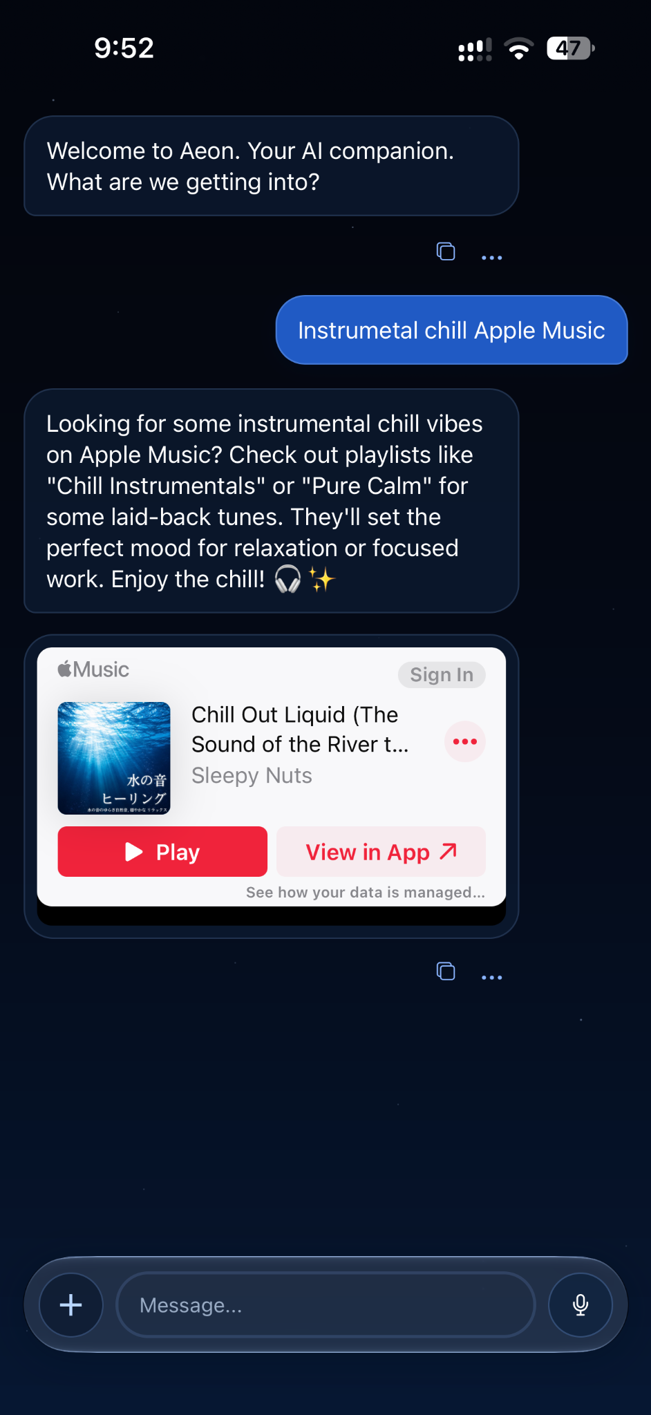 AeonAI Chat showing an Apple Music preview in response to a request for instrumental chill music.