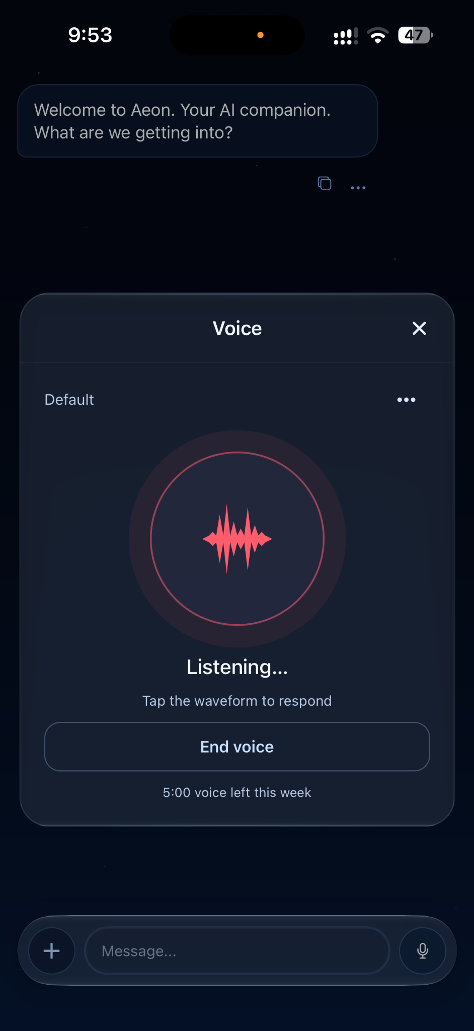 The real AeonAI Voice panel, showing its waveform, Listening, and End voice controls.