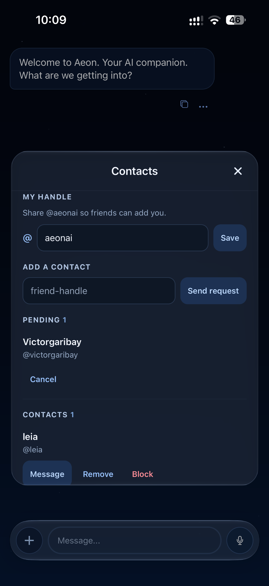 AeonAI Contacts with an Aeon handle, a contact request, and a saved contact.