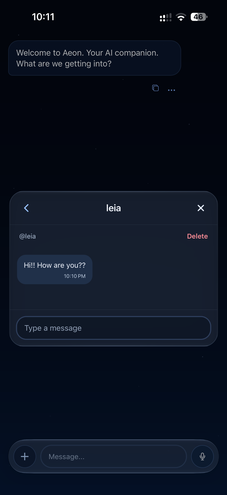 A real person-to-person AeonAI direct message conversation with Leia.